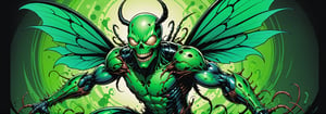 midshot, cel-shading style, centered image, ultra detailed illustration of the comic character ((Insect Spawn by Todd McFarlane)), posing, green, light green, brown, and black suit with a skull emblem, ((Full Body)), ((beetle, wings)),ornate background, (tetradic colors), inkpunk, ink lines, strong outlines, art by MSchiffer, bold traces, unframed, high contrast, cel-shaded, vector, 4k resolution, best quality, (chromatic aberration:1.8)