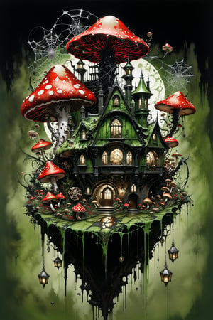 Ultra-wide-angle, photorealistic medieval gothic steam punk shot of an exciting fusion between Spawn and (((A creepy house, spiderweb and a large mushrooms))) in a new character that embodies elements of both, (((spiderwebs))), silver mechanical gears in the background, people, see. Black and Olive green, light, green and red, ink Flow - 8k Resolution Photorealistic Masterpiece - by Aaron Horkey and Jeremy Mann - Intricately Detailed. fluid gouache painting: by Jean Baptiste Mongue: calligraphy: acrylic: colorful watercolor, cinematic lighting, maximalist photoillustration: by marton bobzert: 8k resolution concept art, intricately detailed realism, complex, elegant, expansive, fantastical and psychedelic, dripping paint , in the chasm of the empire estate, night, the moon, buildings, reflections, wings, and other elements need to stay in frame,(isolate object)