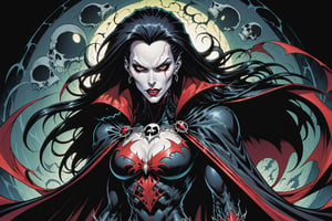 midshot, cel-shading style, centered image, ultra detailed illustration of the comic character ((female Spawn Dracula, by Todd McFarlane)), posing, she has long black hair, black suit with a skull emblem, long flowing cape, ((Half Body)), (tetradic colors), inkpunk, ink lines, strong outlines, art by MSchiffer, bold traces, unframed, high contrast, cel-shaded, vector, 4k resolution, best quality, (chromatic aberration:1.8)