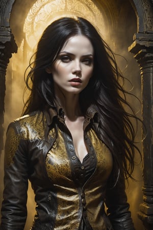 A hauntingly beautiful woman in a weathered creepy temple, shrouded in thick Golden-hued fog that morphs into an eerie aura. (Close-up of her face), Her pale skin and Black very, very long hair contrast against the dark Brown leather pants, button down shirt,  Brown leather jacket with filigree and Zentangle patterns, punctuated by dripping oil textures. Her closed hands cradle her muscular figure, emphasizing her very muscular figure. The dramatic lighting creates stark catchlights and shadows, highlighting her haunting beauty amidst a desolate creepy temple backdrop bathed in Golden hues.