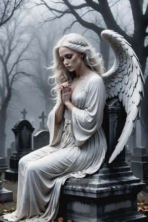 A hauntingly beautiful illustration: A White angel perches atop a weathered gravestone in a desolate cemetery, shrouded in thick fog that morphs into a ghostly aura. Dramatic lighting creates stark catchlights and shadows, highlighting the angel's pale skin, filigree, and Zentangle patterns, rendered in bold strokes against darkness. The angel's closed hands cradle her muscular figure, emphasizing muscular physique ,wearing a long White robe, Her White and black two-tone hair cascades down her back, framing a captivating close-up portrait.