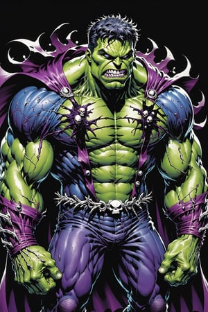 midshot, cel-shading style, centered image, ultra detailed illustration of the comic character ((Spawn Hulk, by Todd McFarlane)),posing, suit with a skull emblem, wearing a purple Cape,  ((Full Body)), (tetradic colors), inkpunk, ink lines, strong outlines, art by MSchiffer, bold traces, unframed, high contrast, cel-shaded, vector, 4k resolution, best quality, (chromatic aberration:1.8)