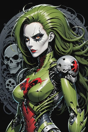 midshot, cel-shading style, centered image, ultra detailed illustration of the comic character ((Female Spawn  marge Mechanoid robot by Todd McFarlane)), posing, Olive Green gray and black suit with a skull emblem, (((view from behind she is looking over her shoulder))), ((Full Body)), ornate background, (tetradic colors), inkpunk, ink lines, strong outlines, art by MSchiffer, bold traces, unframed, high contrast, cel-shaded, vector, 4k resolution, best quality, (chromatic aberration:1.8)