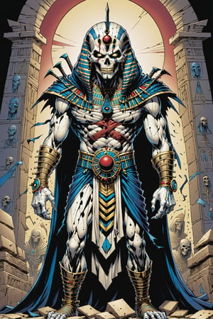 midshot, cel-shading style, centered image, ultra detailed illustration of the comic character ((male Spawn Egyptian mummy, by Todd McFarlane)), posing, wrapped in tattered bandages all over the body, ((Full Body)), inside pyramid, (tetradic colors), inkpunk, ink lines, strong outlines, art by MSchiffer, bold traces, unframed, high contrast, cel-shaded, vector, 4k resolution, best quality, (chromatic aberration:1.8)