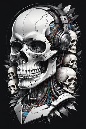 

A mesmerizing, ultra-detailed illustration  in a It's just three skull characters cyborg skull robot portrait inside a triangle, they mixing, like tekno tribe visual free party with speaker and sub bass around him, audio speaker sono Inside and Intricate cable and electronic device in vector illustration design, black and withe, no grey level, illustration with black background no gradient, logo style, for printing ready  in a powerful pose, High-key lighting illuminates the scene, showcasing the perfect anatomy, Strong outlines and bold traces define the cel-shaded, vector illustration, rendered in 4K resolution. The overall atmosphere is unsettling yet motivational, evoking the styles of Glenn Brown, Carne Griffiths, Alex Ross, Artgerm, James Jean Bangs, and Todd mcfarland