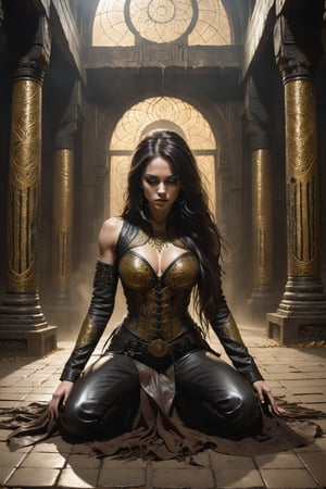 A hauntingly beautiful woman kneeling down on the ground with a large leather pack on the ground in front of her  in a weathered creepy temple, shrouded in thick Golden-hued fog that morphs into an eerie aura. Her pale skin and Black very, very long hair contrast against the dark Brown leather pants, button down shirt,  Brown leather jacket with filigree and Zentangle patterns, punctuated by dripping oil textures. Her closed hands cradle her muscular figure, emphasizing her very muscular figure. The dramatic lighting creates stark catchlights and shadows, highlighting her haunting beauty amidst a desolate creepy temple backdrop bathed in Golden hues.