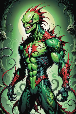 midshot, cel-shading style, centered image, ultra detailed illustration of the comic character ((Spawn lizard, by Todd McFarlane)), posing, green, light green, brown, and black body suit with a skull emblem, ((Full Body)) ,ornate background, (tetradic colors), inkpunk, ink lines, strong outlines, art by MSchiffer, bold traces, unframed, high contrast, cel-shaded, vector, 4k resolution, best quality, (chromatic aberration:1.8)