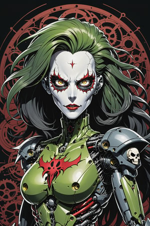 midshot, cel-shading style, centered image, ultra detailed illustration of the comic character ((Female Spawn  marge Mechanoid robot by Todd McFarlane)), posing, Olive Green gray and black suit with a skull emblem, ((Half Body)), ornate background, (tetradic colors), inkpunk, ink lines, strong outlines, art by MSchiffer, bold traces, unframed, high contrast, cel-shaded, vector, 4k resolution, best quality, (chromatic aberration:1.8)