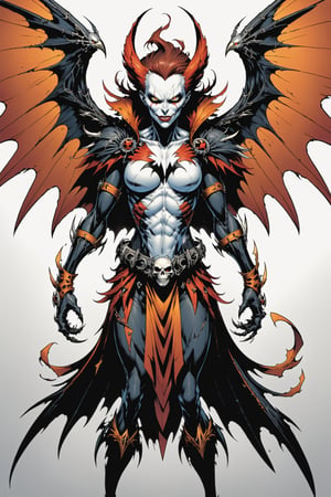 midshot, cel-shading style, centered image, ultra detailed illustration of the comic character ((female Spawn Harpy, by Todd McFarlane)), posing, black, white, brown rust and orange colors suit with a skull emblem on it, ((Full Body)), (tetradic colors), inkpunk, ink lines, strong outlines, art by MSchiffer, bold traces, unframed, high contrast, cel-shaded, vector, 4k resolution, best quality, (chromatic aberration:1.8)