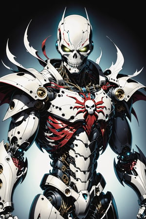 midshot, cel-shading style, centered image, ultra detailed illustration of the comic character ((Spawn  large Mechanoid robot by Todd McFarlane)), posing, bronze, white, and black suit with a skull emblem, ((Half Body)), ornate background, (tetradic colors), inkpunk, ink lines, strong outlines, art by MSchiffer, bold traces, unframed, high contrast, cel-shaded, vector, 4k resolution, best quality, (chromatic aberration:1.8)