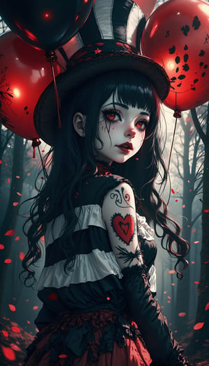 (masterpiece, high quality, 8K resolution). higly stylized and detailed close up anime portrait with mystic and horror embience. A hauntingly beautiful illustration unfolds:  A melancholic gothic clown girl wearing a striped black-and-white outfit, holding red and black balloons. Her long, wavy hair flows beneath a tilted top hat with matching black-and-white stripes. She has pale skin with dark makeup and a stitched smile painted across her face. A heart tattoo decorates her arm, adding a touch of fragile beauty. The background is a hazy, mist-filled forest with soft, glowing bokeh lights, creating an eerie yet enchanting atmosphere. Red petals drift in the air, enhancing the melancholic mood.