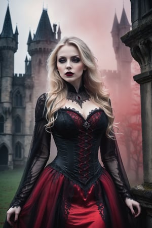 A hauntingly beautiful woman vampire standing in front of a weathered gothic Castle, shrouded in thick red -hued fog that morphs into an eerie aura. Her pale skin and blonde very, very long hair contrast against the dark Black lacie gothic dress,  with filigree and Zentangle patterns, punctuated by dripping oil textures. Her closed hands cradle her curvy figure, emphasizing her  muscular physique, The dramatic lighting creates stark catchlights and shadows, highlighting her haunting beauty amidst a desolate gothic Castle backdrop bathed in red hues.