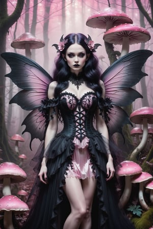 A hauntingly beautiful woman (((gothic fairy with Beautiful, detailed wings))) wearing Lacie victorian clothing (((standing beside giant mushrooms))), shrouded in thick pink-hued fog that morphs into an eerie aura. Her pale skin and  very, very long hair contrast against the dark Gothic dress,  with filigree and Zentangle patterns, punctuated by dripping oil textures. Her closed hands cradle her muscular figure, emphasizing her muscular physique, The dramatic lighting creates stark catchlights and shadows, highlighting her haunting beauty amidst A forest with mushrooms everywhere backdrop bathed in pink hues.