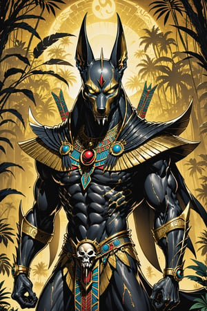 midshot, cel-shading style, centered image, ultra detailed illustration of the comic character ((Spawn     Egyptian Anubis by Todd McFarlane)), posing, gold rust, and black suit with a skull emblem, ((creepy jungle at night in the background)), ((Full Body)), perfect hands, ornate background, perfect hands, (tetradic colors), inkpunk, ink lines, strong outlines, art by MSchiffer, bold traces, unframed, high contrast, cel-shaded, vector, 4k resolution, best quality, (chromatic aberration:1.8)