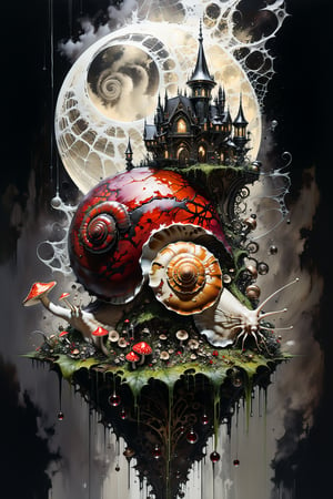 Ultra-wide-angle, photorealistic medieval gothic steam punk shot of an exciting fusion between Spawn and ((A snail on a mushroom)) in a new character that embodies elements of both, silver mechanical gears in the background, and (((large spiderwebs in the background))), people, see. Black and multi colored, ink Flow - 8k Resolution Photorealistic Masterpiece - by Aaron Horkey and Jeremy Mann - Intricately Detailed. fluid gouache painting: by Jean Baptiste Mongue: calligraphy: acrylic: colorful watercolor, cinematic lighting, maximalist photoillustration: by marton bobzert: 8k resolution concept art, intricately detailed realism, complex, elegant, expansive, fantastical and psychedelic, dripping paint , in the chasm of the empire estate, night, the moon, buildings, reflections, wings, and other elements need to stay in frame,(isolate object)