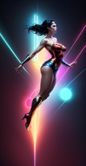 Wonder Woman (big tits),(( side view,)),((full body)),((floating in air)),masterpiece, best quality, ((abstract, psychedelic, neon, background)),(creative:1.3), sy3, SMM, fantasy00d