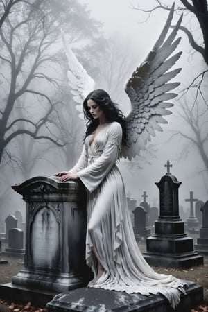 A hauntingly beautiful illustration: A White angel perches atop a weathered gravestone in a desolate cemetery, shrouded in thick fog that morphs into a ghostly aura. Dramatic lighting creates stark catchlights and shadows, highlighting the angel's pale skin, filigree, and Zentangle patterns, rendered in bold strokes against darkness. The angel's closed hands cradle her muscular figure, emphasizing muscular physique ,wearing a long White robe, Her White and black two-tone hair cascades down her back, framing a captivating close-up portrait.