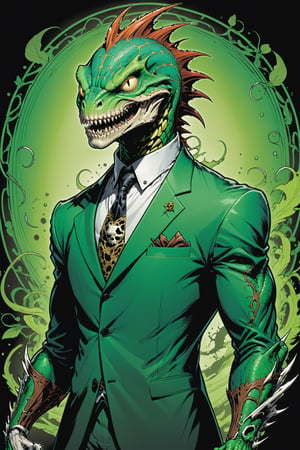 midshot, cel-shading style, centered image, ultra detailed illustration of the comic character ((lizard Spawn by Todd McFarlane)), posing, green, light green, brown, and black suit with a skull emblem, ((Full Body)) ,ornate background, (tetradic colors), inkpunk, ink lines, strong outlines, art by MSchiffer, bold traces, unframed, high contrast, cel-shaded, vector, 4k resolution, best quality, (chromatic aberration:1.8)