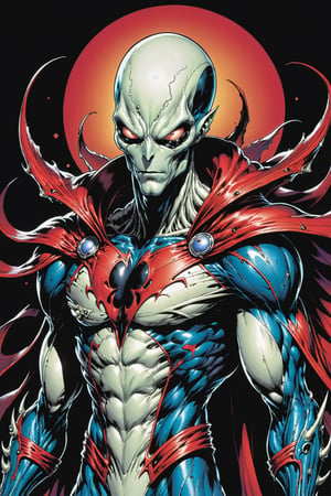 midshot, cel-shading style, centered image, ultra detailed illustration of the comic character ((male Spawn Space Alien, by Todd McFarlane)), posing, ((Half Body)), (tetradic colors), inkpunk, ink lines, strong outlines, art by MSchiffer, bold traces, unframed, high contrast, cel-shaded, vector, 4k resolution, best quality, (chromatic aberration:1.8)