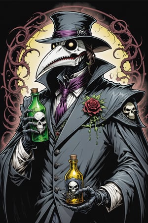 midshot, cel-shading style, centered image, ultra detailed illustration of the comic character ((Spawn  Plague Doctor by Todd McFarlane)), posing, gray and black suit with a skull emblem, ((holding bottle of poison)), ((Half Body)), ornate background, (tetradic colors), inkpunk, ink lines, strong outlines, art by MSchiffer, bold traces, unframed, high contrast, cel-shaded, vector, 4k resolution, best quality, (chromatic aberration:1.8)