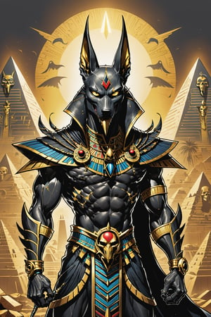 midshot, cel-shading style, centered image, ultra detailed illustration of the comic character ((Spawn     Egyptian Anubis by Todd McFarlane)), posing, gold rust, and black suit with a skull emblem, ((creepy pyramids in the background )), ((Full Body)), perfect hands, ornate background, perfect hands, (tetradic colors), inkpunk, ink lines, strong outlines, art by MSchiffer, bold traces, unframed, high contrast, cel-shaded, vector, 4k resolution, best quality, (chromatic aberration:1.8)