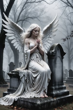 A hauntingly beautiful illustration: A White angel perches atop a weathered gravestone in a desolate cemetery, shrouded in thick fog that morphs into a ghostly aura. Dramatic lighting creates stark catchlights and shadows, highlighting the angel's pale skin, filigree, and Zentangle patterns, rendered in bold strokes against darkness. The angel's closed hands cradle her muscular figure, emphasizing muscular physique ,wearing a long White robe, Her White and black two-tone hair cascades down her back, framing a captivating close-up portrait.