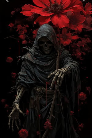 abstract art, a death reaper stand with many of darkness red flower, poster style, cinematic mood, low key style, black background, the art so complex with grunge stroke,cinematicxhan,grungeartxhan83,hanxdeadcyborg83