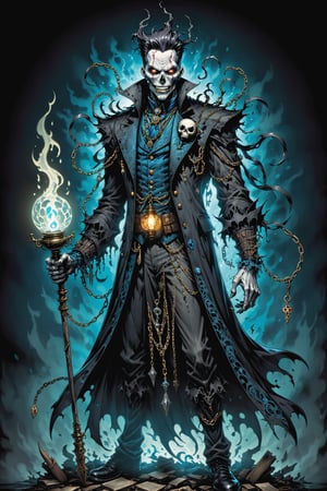 midshot, cel-shading style, centered image, ultra detailed illustration of the comic character (( Spawn Victorian horror theme, a character of a spectral figure known as the "Haunted Harbinger", a ghostly apparition of a long-dead aristocrat, wears a tattered once-opulent suit adorned with decayed medals and frayed lace, translucent skin glows with an ethereal blue light,  eyes are empty sockets that emit a ghostly mist, chains hang from its wrists and ankles dragging along the ground with a haunting clatter, twisted face in eternal agony, carries a spectral lantern that casts an eerie flickering light by, Todd McFarlane)), posing,  he has black  in traditional Indian attire with a skull emblem, ((holding a A spear)),  (((Full Body))), (((perfect hands))),(((realistic hands))),(((accurate hands))), (tetradic colors), inkpunk, ink lines, strong outlines, art by MSchiffer, bold traces, unframed, high contrast, cel-shaded, vector, 4k resolution, best quality, (chromatic aberration:1.8)