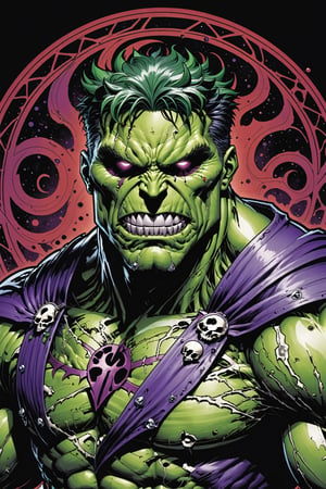 midshot, cel-shading style, centered image, ultra detailed illustration of the comic character ((Spawn Planet Hulk, by Todd McFarlane)),posing, suit with a skull emblem, wearing a purple Cape,  ((Half Body)), (tetradic colors), inkpunk, ink lines, strong outlines, art by MSchiffer, bold traces, unframed, high contrast, cel-shaded, vector, 4k resolution, best quality, (chromatic aberration:1.8)