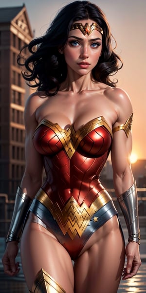 1woman, Wonder Woman, (((floating in the air))),(((flying in the air))), (((flying))),((full body)), ((sunset behind her)),(intricate details, makeup), (delicate and beautiful delicate face, delicate and beautiful delicate eyes, perfectly proportioned face), delicate skin, strong and realistic blue eyes, realistic black hair, lips, makeup, natural skin texture, tiara, jewelry, (star), \(symbol\),(((leotard))), (((wonder woman uniform))), gauntlet, red boots, golden girdle, (public clothing: 1.5), bare shoulders, slightly sunburned complexion, mature, sexy, toned muscles, (muscles:1.2), ((view from behind)), ((strong and healthy body)), ((((more) muscles))), long legs, curves, (big breasts: 1.3), thin waist, soft waist, (delicate skin), (beautiful and sexy woman), (swollen lips: 0.9), very delicate muscles, standing,(realistic: 1.5), photorealistic, octane rendering, hyperrealistic, tight modeling, (photorealistic face: 1.2), thick eyelashes, long eyelashes, (curly dark hair: 1.1), best quality, half smile, (looking at the viewer), sharp focus, (4k), (masterpiece), (best quality), fantasy, extremely detailed, intricate, hyper detailed, (perfect face), illustration, soft lighting,(specular lighting:1.4), blue eyes, absurdly photorealistic, ultra high resolution, intricate, hyperdetailed, (skindentation), female, detailed body, (detailed face: 1.1), (outlined iris), (hydrocolor lenses), (perfect eyes), 4k, gorgeous, (masterpiece: 1.2), (best quality:1.2),