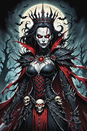 midshot, cel-shading style, centered image, ultra detailed illustration of the comic character (( female Spawn  Halloween-style fantasy world image featuring a terrifying undead Queen with a skull face and glowing red eyes. Envision the Queen adorned in torn black and red dark clothes, wielding a deadly, sinister spiky weapon. Specify a dark fantasy-style atmosphere with chilling details, capturing the sinister essence of this undead monarch. Request a visually striking composition that blends the elements of horror and fantasy, creating a haunting masterpiece perfect for the Halloween theme by, Todd McFarlane)), posing,  he has black  in traditional Indian attire with a skull emblem, ((holding a A spear)),  (((Full Body))), (((perfect hands))),(((realistic hands))),(((accurate hands))), (tetradic colors), inkpunk, ink lines, strong outlines, art by MSchiffer, bold traces, unframed, high contrast, cel-shaded, vector, 4k resolution, best quality, (chromatic aberration:1.8)