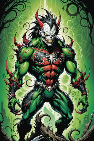 midshot, cel-shading style, centered image, ultra detailed illustration of the comic character ((Spawn lizard, by Todd McFarlane)), posing, green, light green, brown, and black body suit with a skull emblem, ((Full Body)) ,ornate background, (tetradic colors), inkpunk, ink lines, strong outlines, art by MSchiffer, bold traces, unframed, high contrast, cel-shaded, vector, 4k resolution, best quality, (chromatic aberration:1.8)