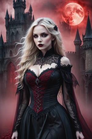 A hauntingly beautiful woman vampire standing in front of a weathered gothic Castle, shrouded in thick red -hued fog that morphs into an eerie aura. Her pale skin and blonde very, very long hair contrast against the dark Black lacie gothic dress,  with filigree and Zentangle patterns, punctuated by dripping oil textures. Her closed hands cradle her curvy figure, emphasizing her  muscular physique, The dramatic lighting creates stark catchlights and shadows, highlighting her haunting beauty amidst a desolate gothic Castle backdrop bathed in red hues.