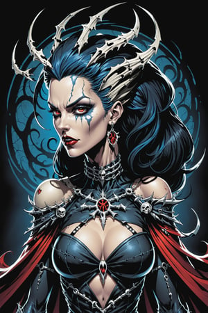 midshot, cel-shading style, centered image, ultra detailed illustration of the comic character ((female Spawn Queen of the Damned by Todd McFarlane)), posing, Black, dress with a skull emblem, ((View from Behind she's looking over her shoulder)), ((Full Body)), ((View from behind)), (tetradic colors), inkpunk, ink lines, strong outlines, art by MSchiffer, bold traces, unframed, high contrast, cel-shaded, vector, 4k resolution, best quality, (chromatic aberration:1.8)