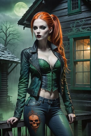 A hauntingly beautiful woman vampire ((standing on a porch of a old creepy cabin)), shrouded in thick Green-hued fog that morphs into an eerie aura. Her pale skin and Orange hair in a long, tall ponytail, contrast against the Blue jean pants, black leather jacket with filigree and Zentangle patterns, punctuated by dripping oil textures. Her closed hands cradle her curvy figure, emphasizing her muscular physique, The dramatic lighting creates stark catchlights and shadows, highlighting her haunting beauty amidst a desolate cabin backdrop bathed in Green hues.