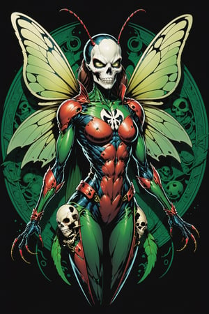 midshot, cel-shading style, centered image, ultra detailed illustration of the comic character ((Female Insect Spawn by Todd McFarlane)), posing, green, light green, brown, and black suit with a skull emblem, ((Full Body)), ((beetle, wings)),ornate background, (tetradic colors), inkpunk, ink lines, strong outlines, art by MSchiffer, bold traces, unframed, high contrast, cel-shaded, vector, 4k resolution, best quality, (chromatic aberration:1.8)