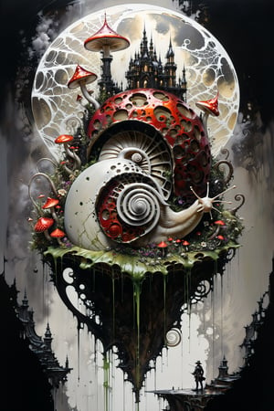 Ultra-wide-angle, photorealistic medieval gothic steam punk shot of an exciting fusion between Spawn and ((A snail on a mushroom)) in a new character that embodies elements of both, silver mechanical gears in the background, and (((large spiderwebs in the background))), people, see. Black and multi colored, ink Flow - 8k Resolution Photorealistic Masterpiece - by Aaron Horkey and Jeremy Mann - Intricately Detailed. fluid gouache painting: by Jean Baptiste Mongue: calligraphy: acrylic: colorful watercolor, cinematic lighting, maximalist photoillustration: by marton bobzert: 8k resolution concept art, intricately detailed realism, complex, elegant, expansive, fantastical and psychedelic, dripping paint , in the chasm of the empire estate, night, the moon, buildings, reflections, wings, and other elements need to stay in frame,(isolate object)