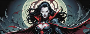 midshot, cel-shading style, centered image, ultra detailed illustration of the comic character ((female Spawn Dracula, by Todd McFarlane)), posing, she has long black hair, black suit with a skull emblem, long flowing cape, ((Half Body)), (tetradic colors), inkpunk, ink lines, strong outlines, art by MSchiffer, bold traces, unframed, high contrast, cel-shaded, vector, 4k resolution, best quality, (chromatic aberration:1.8)