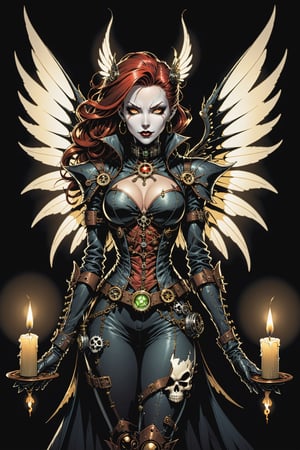 midshot, cel-shading style, centered image, ultra detailed illustration of the comic character ((female Spawn a steampunk faerie, her delicate wings shimmering in the soft glow of candlelight, by Todd McFarlane)), posing, in black and bronze suit with a skull emblem, ((holding a candle in one hand)), ((perfect hands)), ((closed hands)), ((Full Body)), (tetradic colors), inkpunk, ink lines, strong outlines, art by MSchiffer, bold traces, unframed, high contrast, cel-shaded, vector, 4k resolution, best quality, (chromatic aberration:1.8)