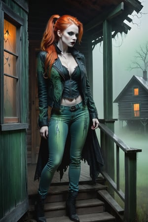 A hauntingly beautiful woman vampire ((standing on a porch of a old creepy cabin)), shrouded in thick Green-hued fog that morphs into an eerie aura. Her pale skin and Orange hair in a long, tall ponytail, contrast against the Blue jean pants, black leather jacket with filigree and Zentangle patterns, punctuated by dripping oil textures. Her closed hands cradle her curvy figure, emphasizing her muscular physique, The dramatic lighting creates stark catchlights and shadows, highlighting her haunting beauty amidst a desolate cabin backdrop bathed in Green hues.