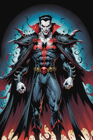 midshot, cel-shading style, centered image, ultra detailed illustration of the comic character ((male Spawn Dracula, by Todd McFarlane)), posing,  he has black  hair, black suit with a skull emblem, long flowing cape, ((Half Body)), (tetradic colors), inkpunk, ink lines, strong outlines, art by MSchiffer, bold traces, unframed, high contrast, cel-shaded, vector, 4k resolution, best quality, (chromatic aberration:1.8)