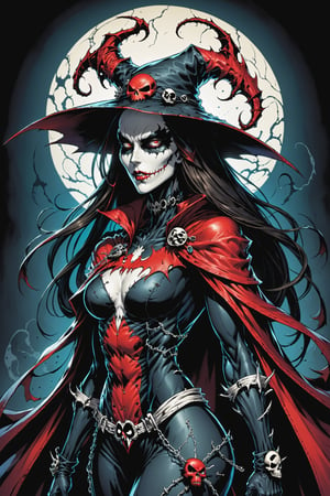 midshot, cel-shading style, centered image, ultra detailed illustration of the comic character ((female Spawn Which by Todd McFarlane)), posing, Black, dress with a skull emblem, ((wearing a large rimmed Single pointed hat)), ((View from Behind she's looking over her shoulder)), ((Full Body)), ((View from behind)), (tetradic colors), inkpunk, ink lines, strong outlines, art by MSchiffer, bold traces, unframed, high contrast, cel-shaded, vector, 4k resolution, best quality, (chromatic aberration:1.8)