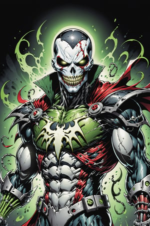 midshot, cel-shading style, centered image, ultra detailed illustration of the comic character ((Spawn  cyborg by Todd McFarlane)), posing, Olive Green gray and black suit with a skull emblem, ((holding bottle of poison)), ((Half Body)), ornate background, (tetradic colors), inkpunk, ink lines, strong outlines, art by MSchiffer, bold traces, unframed, high contrast, cel-shaded, vector, 4k resolution, best quality, (chromatic aberration:1.8)
