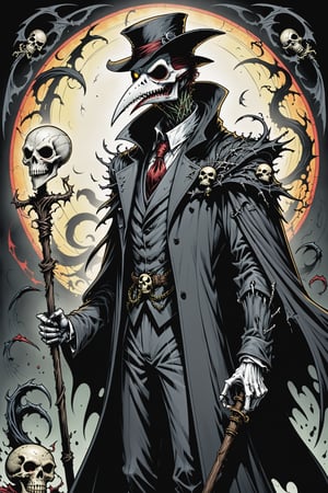 midshot, cel-shading style, centered image, ultra detailed illustration of the comic character ((Spawn  Plague Doctor by Todd McFarlane)), posing, gray and black suit with a skull emblem, ((holding a cane with a skull on it)), ((Half Body)), ornate background, (tetradic colors), inkpunk, ink lines, strong outlines, art by MSchiffer, bold traces, unframed, high contrast, cel-shaded, vector, 4k resolution, best quality, (chromatic aberration:1.8)