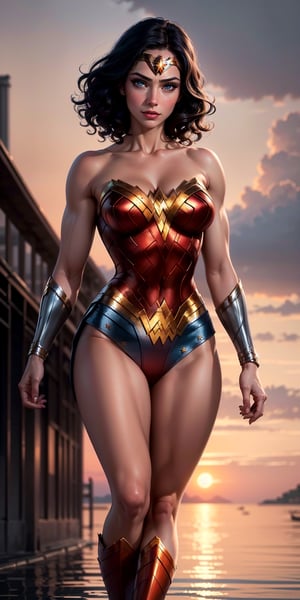 1woman, Wonder Woman, (((floating in the air))),(((flying in the air))), (((flying))),((full body)), ((sunset behind her)),(intricate details, makeup), (delicate and beautiful delicate face, delicate and beautiful delicate eyes, perfectly proportioned face), delicate skin, strong and realistic blue eyes, realistic black hair, lips, makeup, natural skin texture, tiara, jewelry, (star), \(symbol\),(((leotard))), (((wonder woman uniform))), gauntlet, red boots, golden girdle, (public clothing: 1.5), bare shoulders, slightly sunburned complexion, mature, sexy, toned muscles, (muscles:1.2), (((floating in the sky))), (((flying through the clouds))),((strong and healthy body)), ((((more muscles))), long legs, curves, (big breasts: 1.3), thin waist, soft waist, (delicate skin), (beautiful and sexy woman), (swollen lips: 0.9), very delicate muscles, standing,(realistic: 1.5), photorealistic, octane rendering, hyperrealistic, tight modeling, (photorealistic face: 1.2), thick eyelashes, long eyelashes, (curly dark hair: 1.1), best quality, half smile, (looking at the viewer), sharp focus, (4k), (masterpiece), (best quality), fantasy, extremely detailed, intricate, hyper detailed, (perfect face), illustration, soft lighting,(specular lighting:1.4), blue eyes, absurdly photorealistic, ultra high resolution, intricate, hyperdetailed, (skindentation), female, detailed body, (detailed face: 1.1), (outlined iris), (hydrocolor lenses), (perfect eyes), 4k, gorgeous, (masterpiece: 1.2), (best quality:1.2),