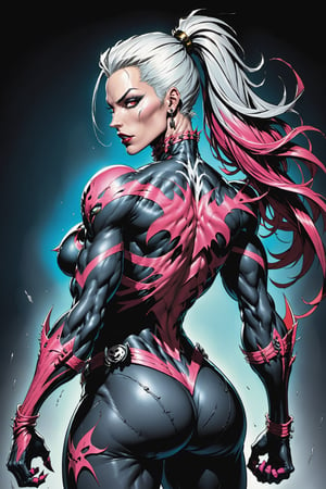 midshot, cel-shading style, centered image, ultra detailed illustration of the comic character ((female Spawn warrior woman, by Todd McFarlane)), posing, extremely muscular overly muscular large breast extremely extremely muscular, black, neon pink, suit with a belt with a skull on it, long white hair in a tall, single ponytail, ((view from Behind she’s looking over her shoulder)),  ((Half Body)), ((view from behind)),  perfect hands, (tetradic colors), inkpunk, ink lines, strong outlines, art by MSchiffer, bold traces, unframed, high contrast, cel-shaded, vector, 4k resolution, best quality, (chromatic aberration:1.8)