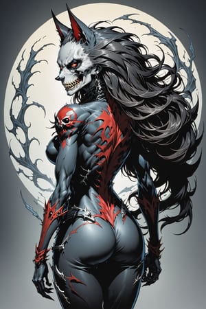 midshot, cel-shading style, centered image, ultra detailed illustration of the comic character ((female Spawn Wolf lady, by Todd McFarlane)), posing, long black long hair, Gray rust, and black suit with a skull emblem, ((view from Behind she’s looking over her shoulder)),  ((she has a wolf snout)), ((Full Body)), ((view from behind)), ((perfect hands)), (tetradic colors), inkpunk, ink lines, strong outlines, art by MSchiffer, bold traces, unframed, high contrast, cel-shaded, vector, 4k resolution, best quality, (chromatic aberration:1.8)