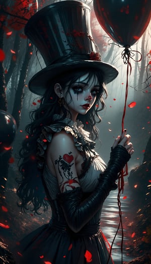 (masterpiece, high quality, 8K resolution). higly stylized and detailed close up anime portrait with mystic and horror embience. A hauntingly beautiful illustration unfolds:  A melancholic gothic clown girl wearing a striped black-and-white outfit, holding red and black balloons. Her long, wavy hair flows beneath a tilted top hat with matching black-and-white stripes. She has pale skin with dark makeup and a stitched smile painted across her face. A heart tattoo decorates her arm, adding a touch of fragile beauty. The background is a hazy, mist-filled forest with soft, glowing bokeh lights, creating an eerie yet enchanting atmosphere. Red petals drift in the air, enhancing the melancholic mood.