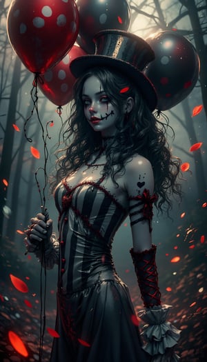 (masterpiece, high quality, 8K resolution). higly stylized and detailed close up anime portrait with mystic and horror embience. A hauntingly beautiful illustration unfolds:  A melancholic gothic clown girl wearing a striped black-and-white outfit, holding red and black balloons. Her long, wavy hair flows beneath a tilted top hat with matching black-and-white stripes. She has pale skin with dark makeup and a stitched smile painted across her face. A heart tattoo decorates her arm, adding a touch of fragile beauty. The background is a hazy, mist-filled forest with soft, glowing bokeh lights, creating an eerie yet enchanting atmosphere. Red petals drift in the air, enhancing the melancholic mood.