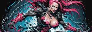 midshot, cel-shading style, centered image, ultra detailed illustration of the comic character ((female Spawn warrior woman, by Todd McFarlane)), posing, extremely muscular overly muscular large breast extremely extremely muscular, black, neon pink, suit with a belt with a skull on it, long pale pink hair in a tall, single ponytail, (((crouching down on the ground action pose))),  ((Full Body)),((holding chains in her hand)), splatters of paint in the background glowing neon, perfect hands, (tetradic colors), inkpunk, ink lines, strong outlines, art by MSchiffer, bold traces, unframed, high contrast, cel-shaded, vector, 4k resolution, best quality, (chromatic aberration:1.8)